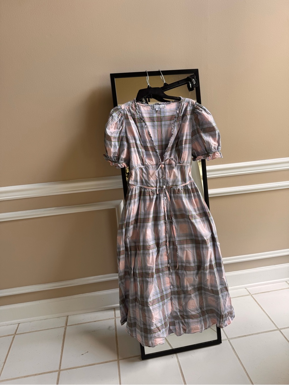 Hill House Home Sabrina Cotton Pastel Plaid Tie-Front Midi Dress Pink & Blue - Picture 4 of 9
